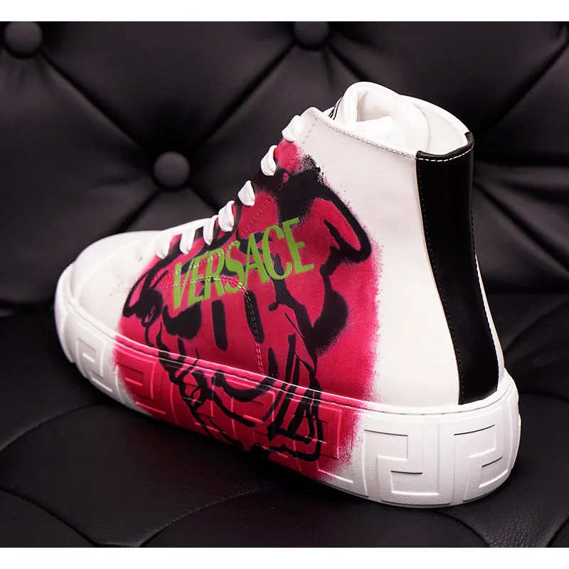 42 & 47 NEW $850 VERSACE Men White Leather SMILEY MEDUSA LOGO High-top SNEAKERS