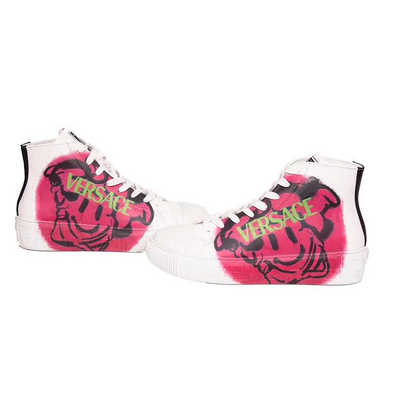 42 & 47 NEW $850 VERSACE Men White Leather SMILEY MEDUSA LOGO High-top SNEAKERS