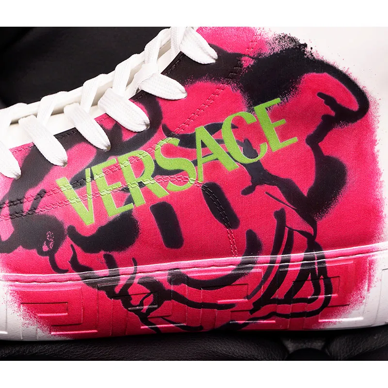 42 & 47 NEW $850 VERSACE Men White Leather SMILEY MEDUSA LOGO High-top SNEAKERS