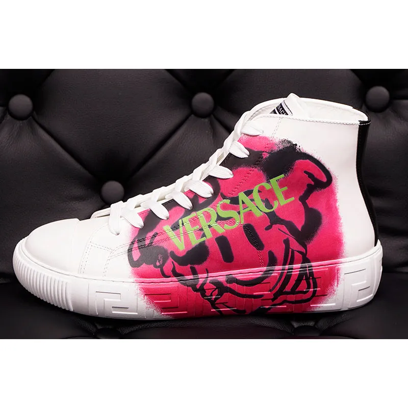 42 & 47 NEW $850 VERSACE Men White Leather SMILEY MEDUSA LOGO High-top SNEAKERS