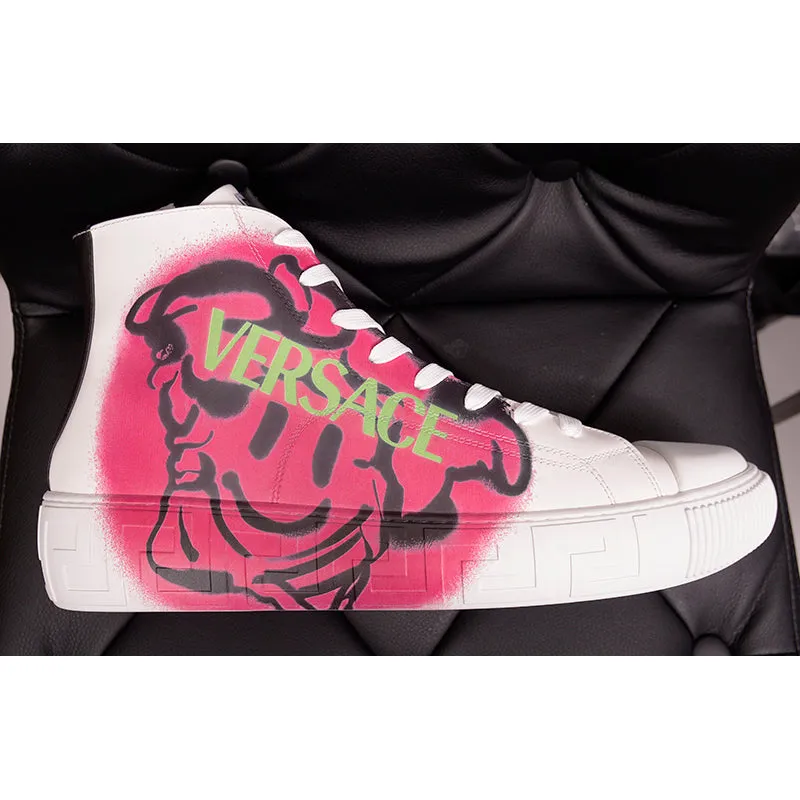 42 & 47 NEW $850 VERSACE Men White Leather SMILEY MEDUSA LOGO High-top SNEAKERS