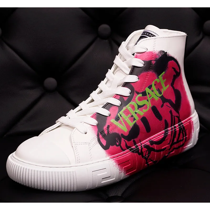 42 & 47 NEW $850 VERSACE Men White Leather SMILEY MEDUSA LOGO High-top SNEAKERS