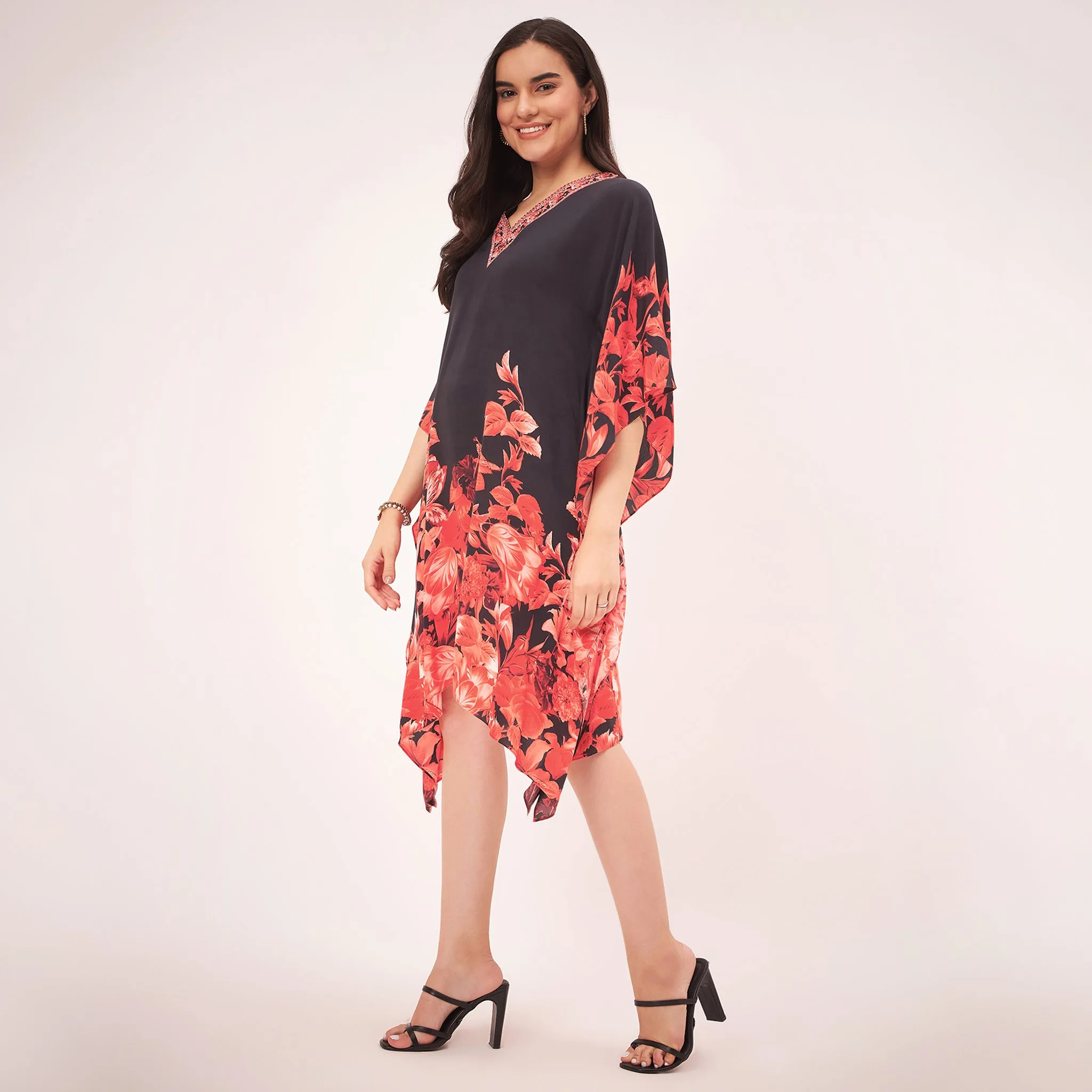 Black and Red Floral Print Silk Mid Length Kaftan