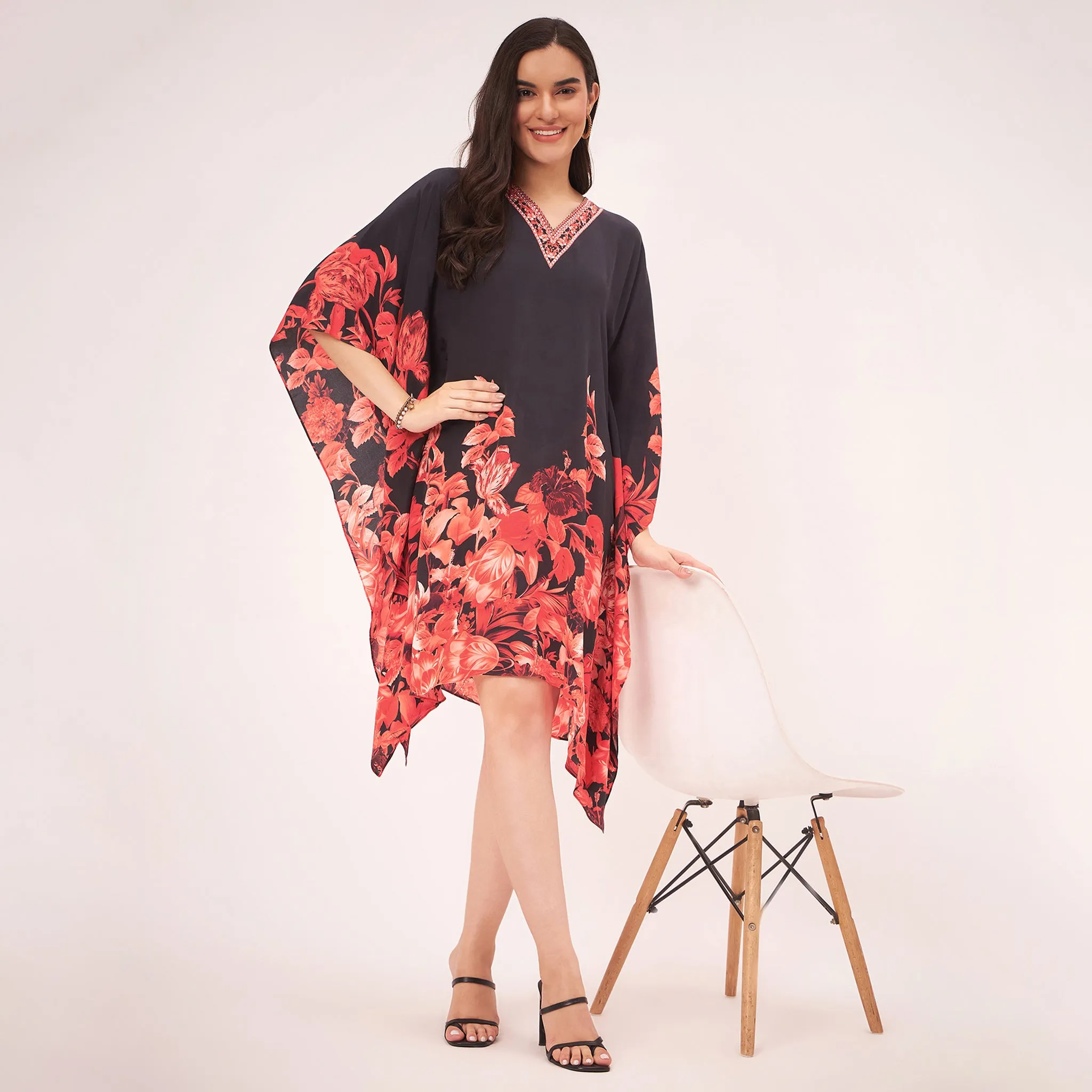 Black and Red Floral Print Silk Mid Length Kaftan