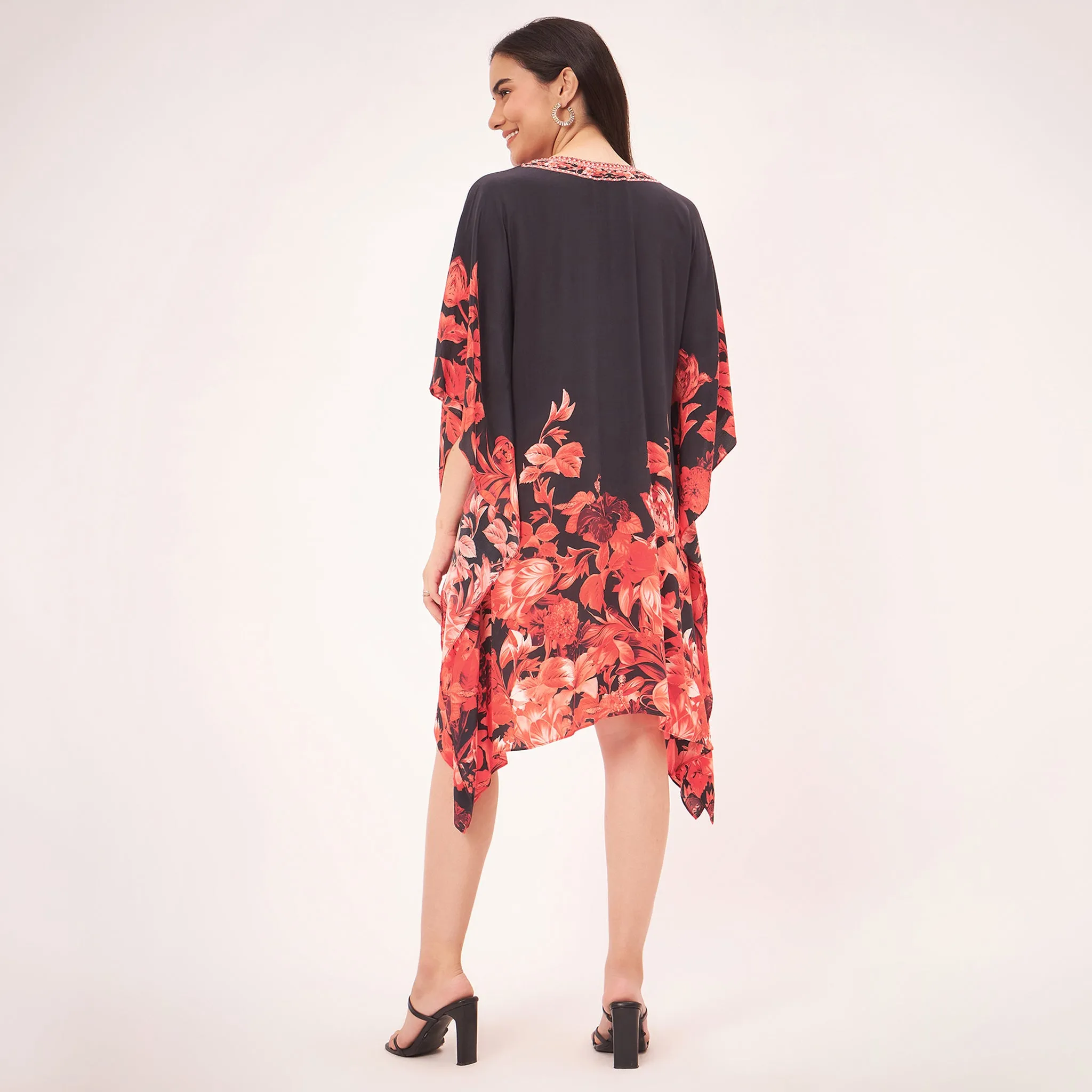 Black and Red Floral Print Silk Mid Length Kaftan