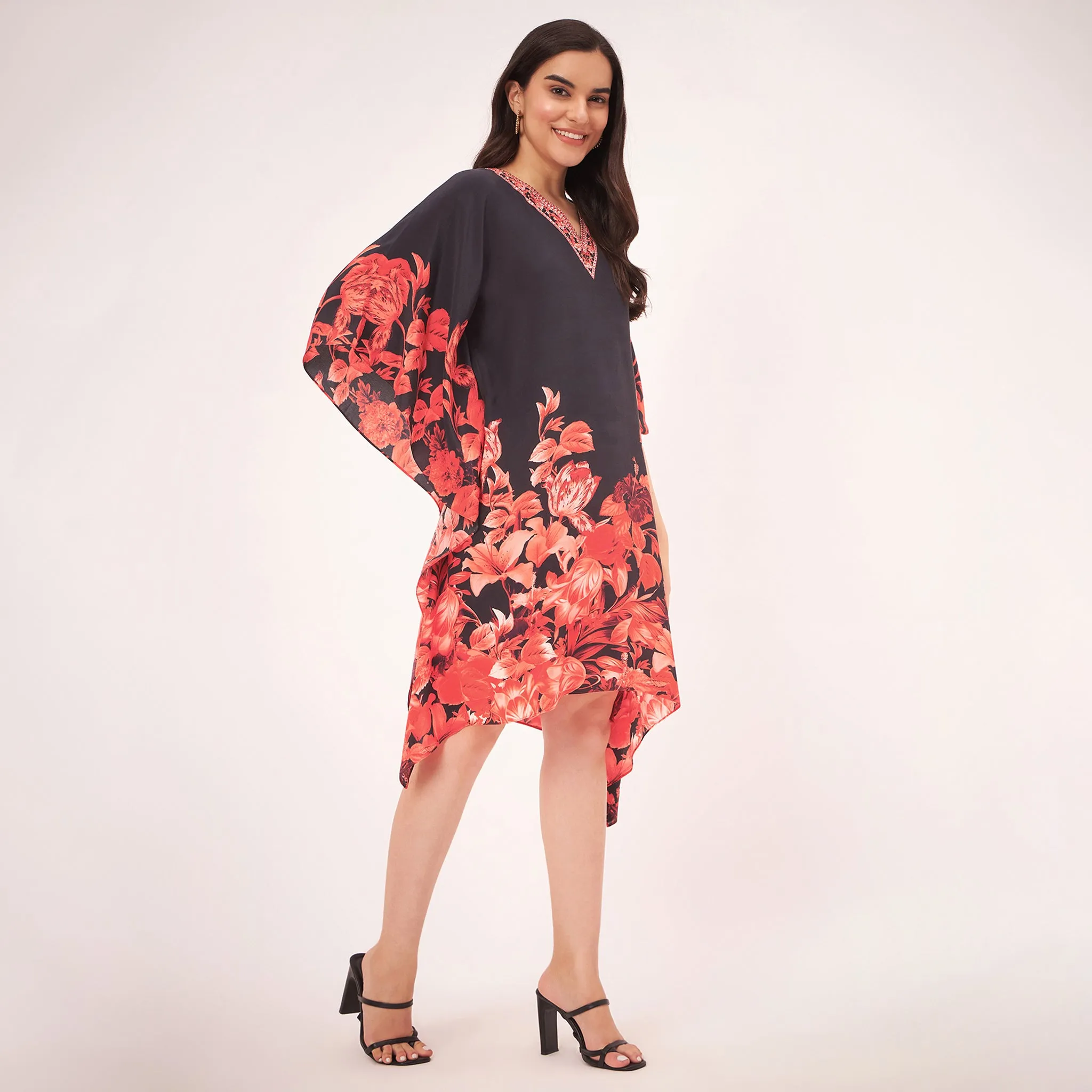 Black and Red Floral Print Silk Mid Length Kaftan