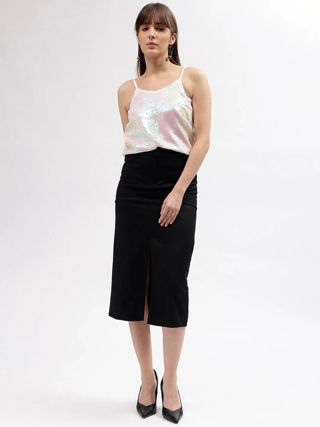 Elle Women Pink Embellished Scoop Neck Shoulder Straps Top