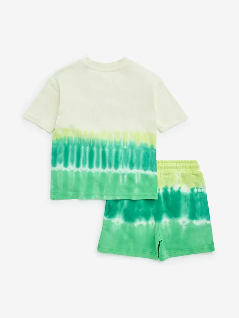 HOP Kids Green Tie-Dye Cotton T-Shirt & Shorts Set