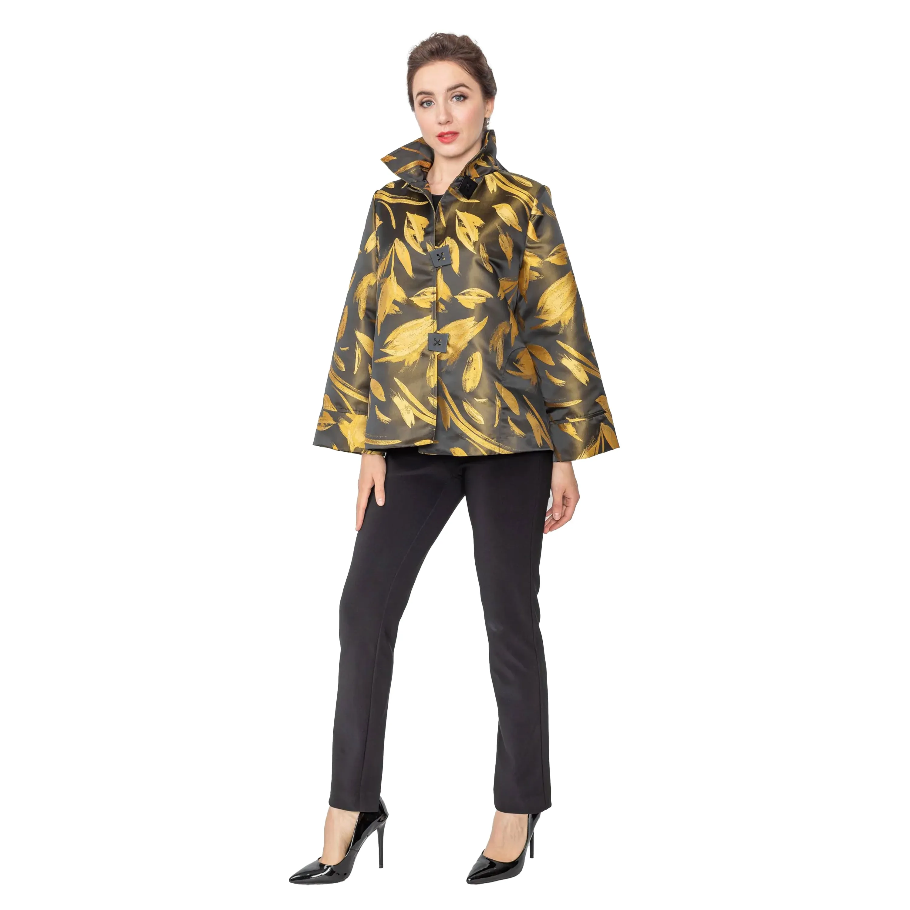 IC Collection Jacquard 3-Button High Collar Jacket in Yellow - 5355J-YW - Size M Only!