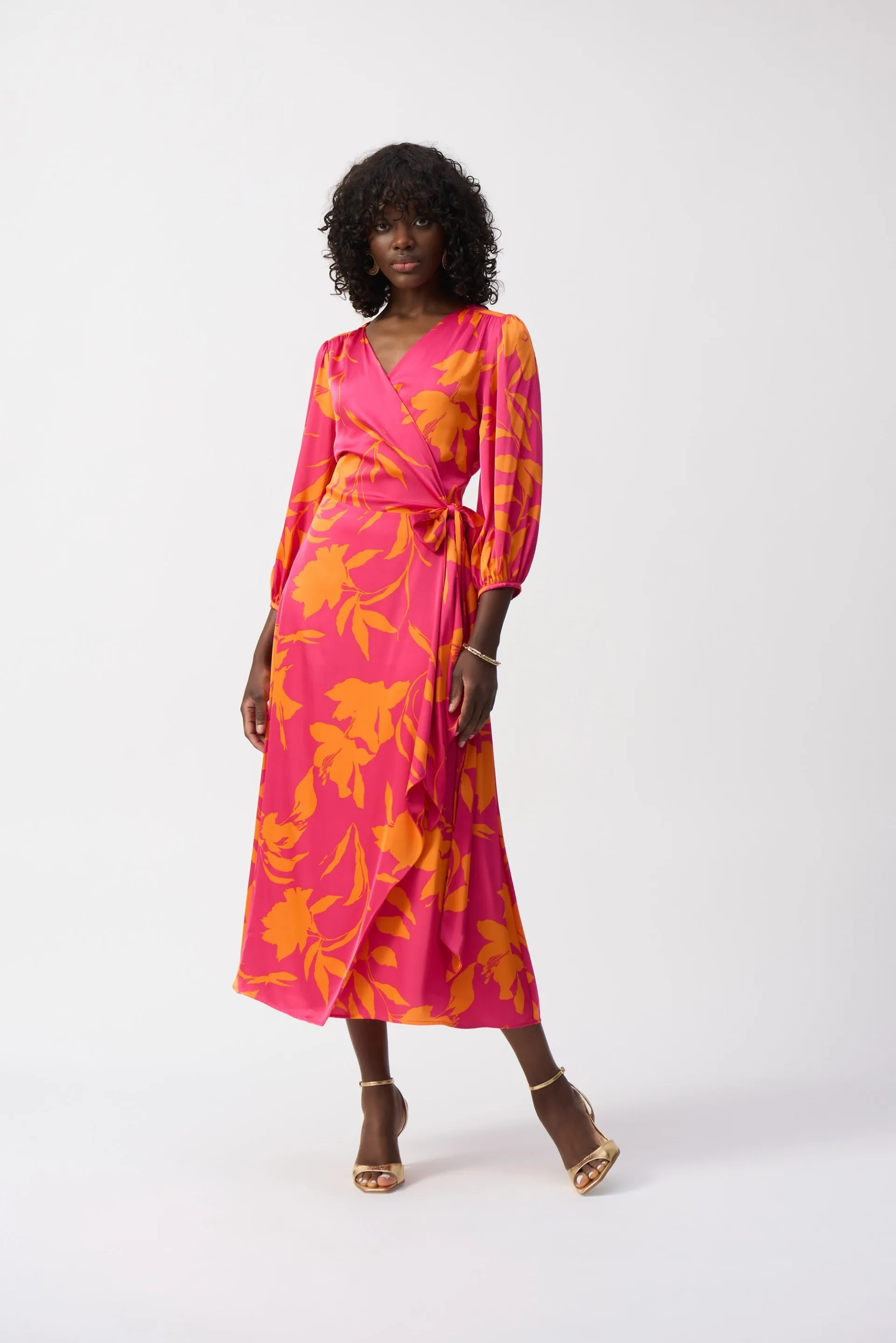 Joseph Ribkoff Pink/Orange Satin Floral Print Wrap Dress Style 251906