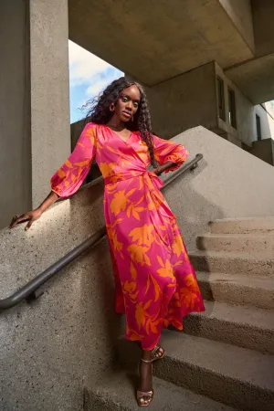 Joseph Ribkoff Pink/Orange Satin Floral Print Wrap Dress Style 251906