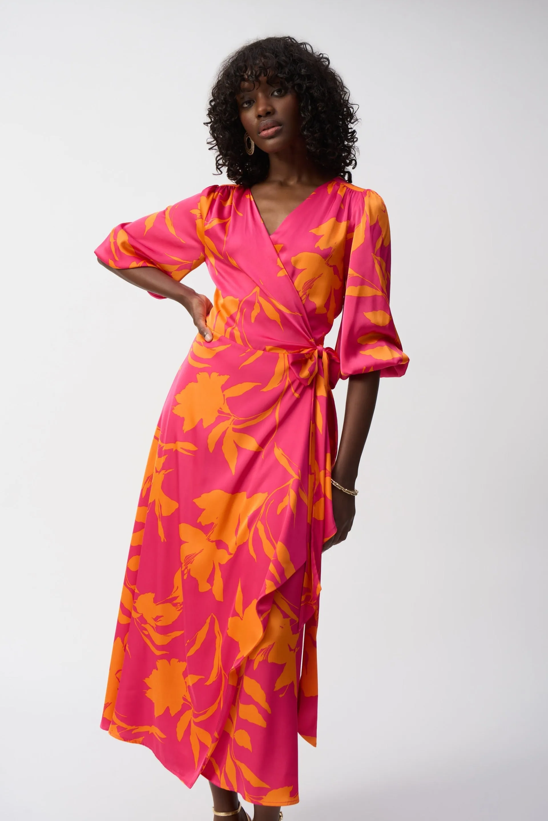Joseph Ribkoff Pink/Orange Satin Floral Print Wrap Dress Style 251906