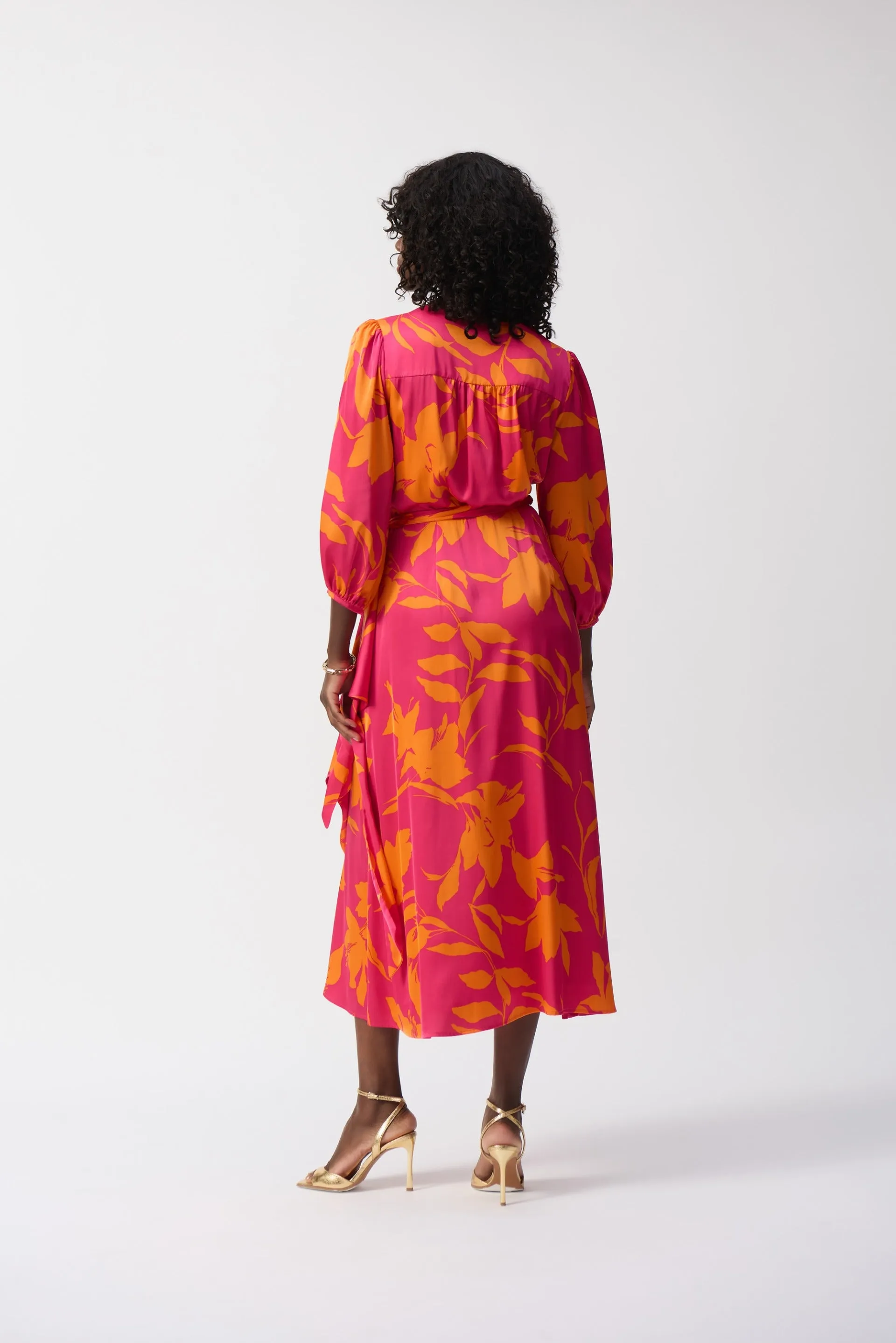 Joseph Ribkoff Pink/Orange Satin Floral Print Wrap Dress Style 251906