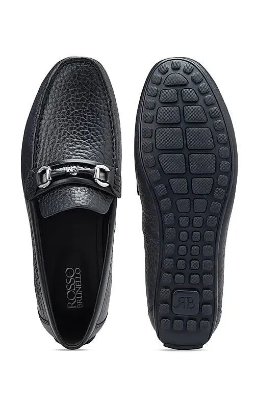 Navy Textured Leather Moccasins