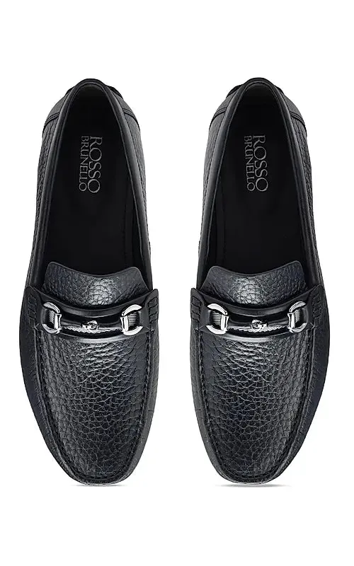 Navy Textured Leather Moccasins