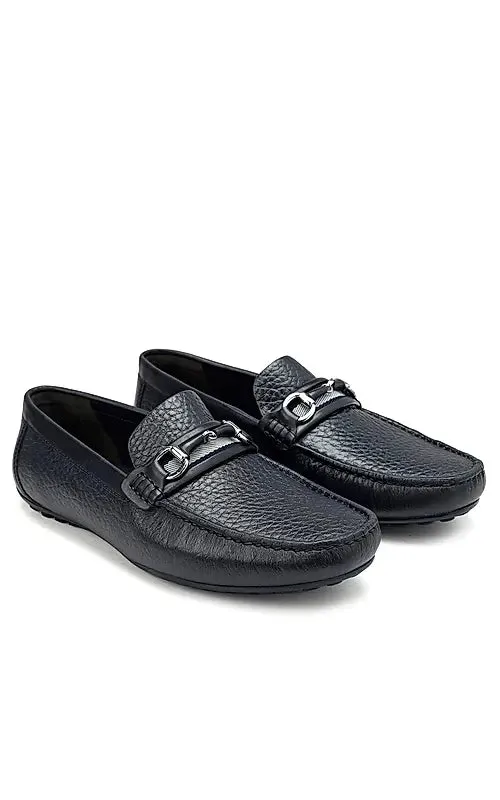 Navy Textured Leather Moccasins