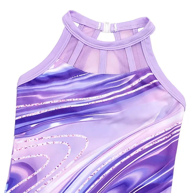 Purple Marble Magic Mesh Tank Open Back Gymnastics Leotard Set
