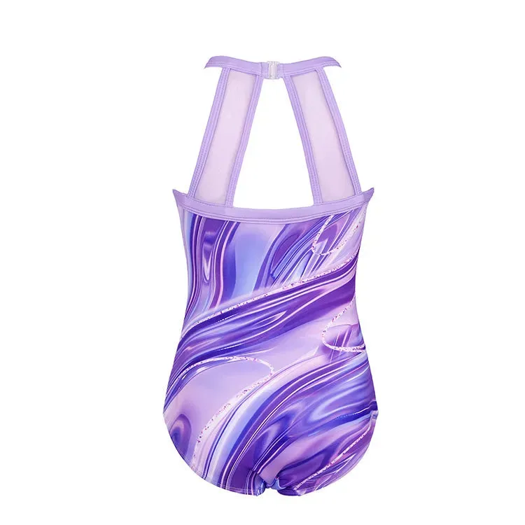Purple Marble Magic Mesh Tank Open Back Gymnastics Leotard Set