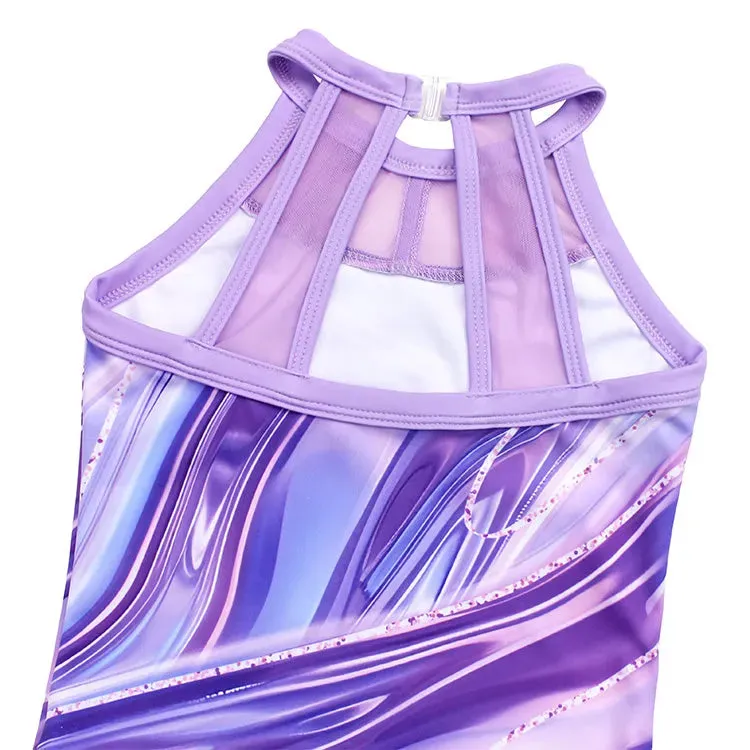 Purple Marble Magic Mesh Tank Open Back Gymnastics Leotard Set
