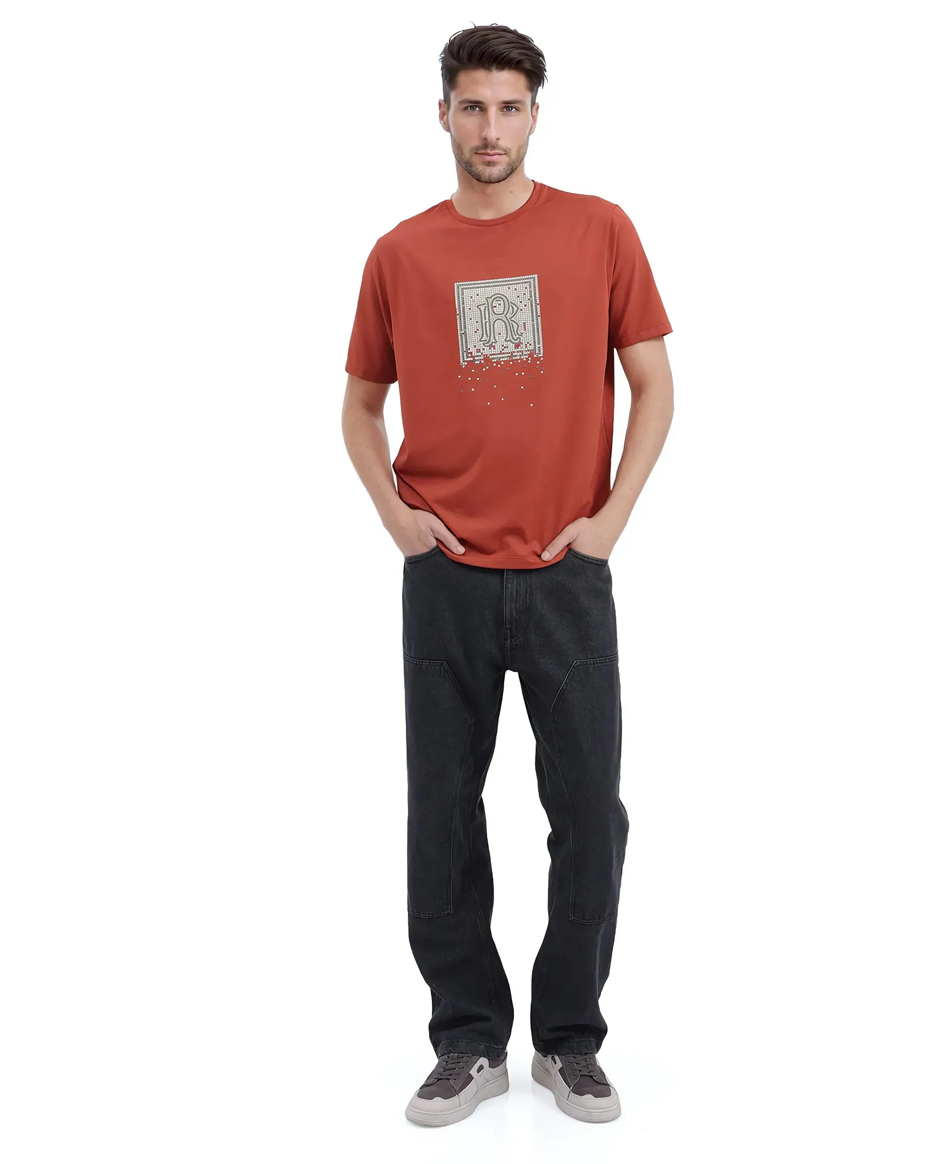 Rare Rabbit Men Mezoc Dark Rust Cotton Poly Fabric Short Sleeve Crew Neck Relaxed Fit HD Print T-Shirt