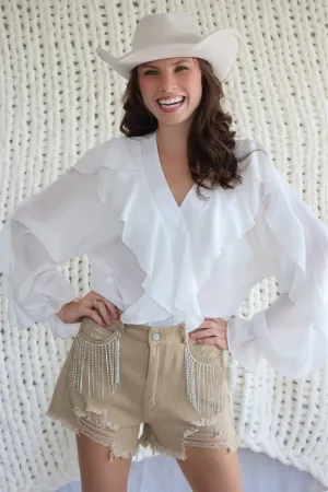 RILEY'S RUFFLE V-NECK TOP - WHITE