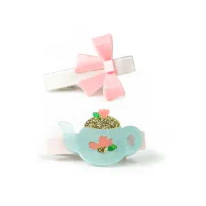 Tea Pot and Pink Bow Hair Clips