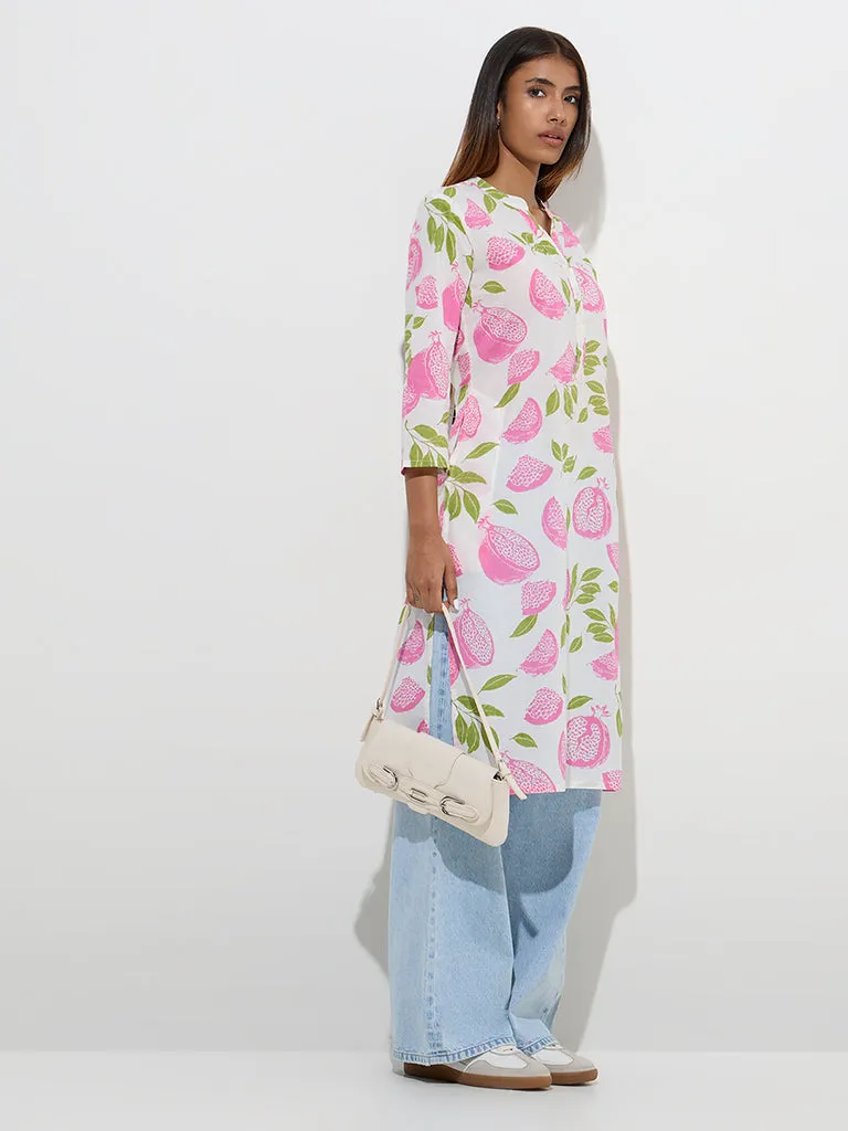 Utsa Pink Fruit Design Straight Cotton Kurta
