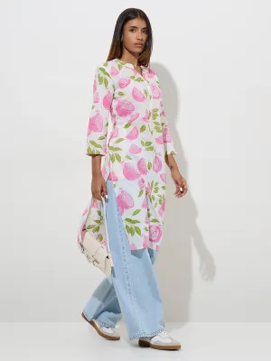 Utsa Pink Fruit Design Straight Cotton Kurta
