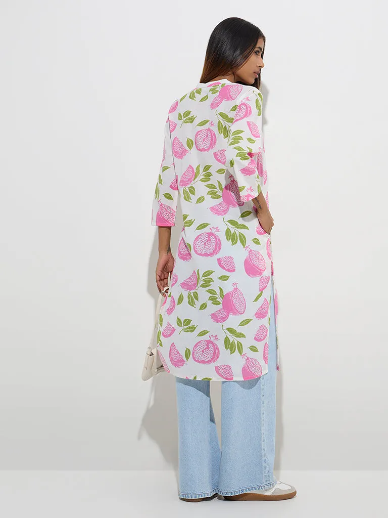 Utsa Pink Fruit Design Straight Cotton Kurta