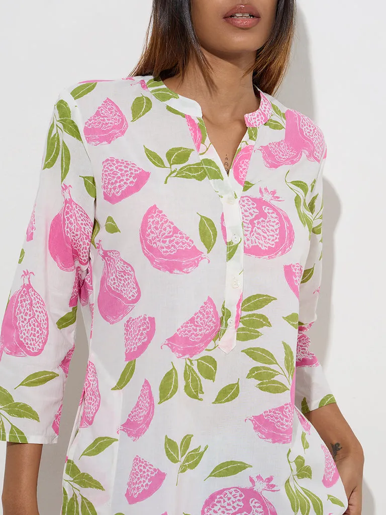 Utsa Pink Fruit Design Straight Cotton Kurta