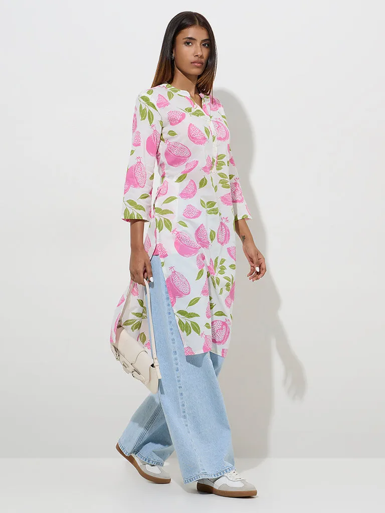 Utsa Pink Fruit Design Straight Cotton Kurta