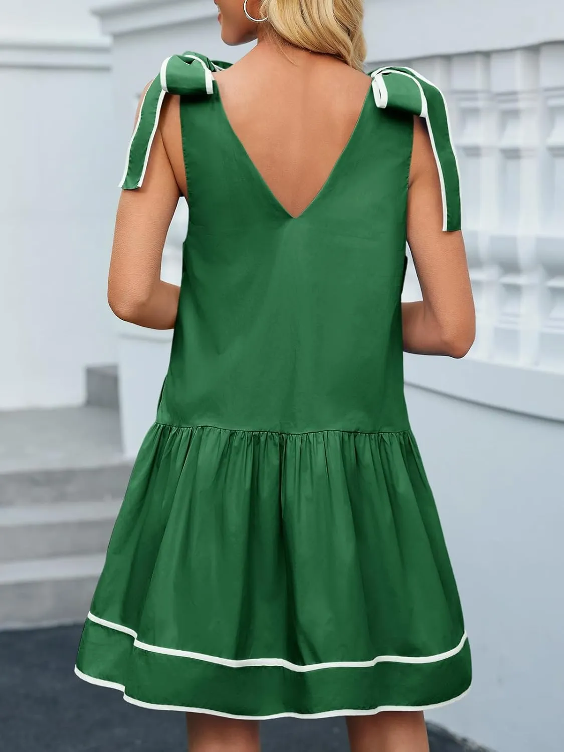 Wenrine Womens Summer V Neck Mini Dress Tie Shoulder Sleeveless Contrast Loose Casual Beach Dresses