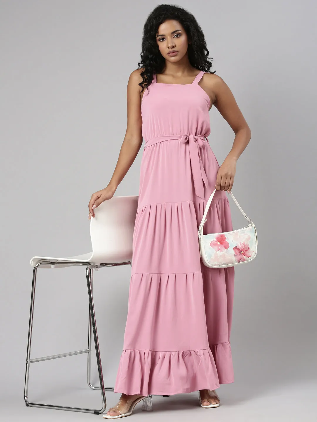 Women Pink Shoulder Straps Tie Up Fit & Flare Maxi Dress