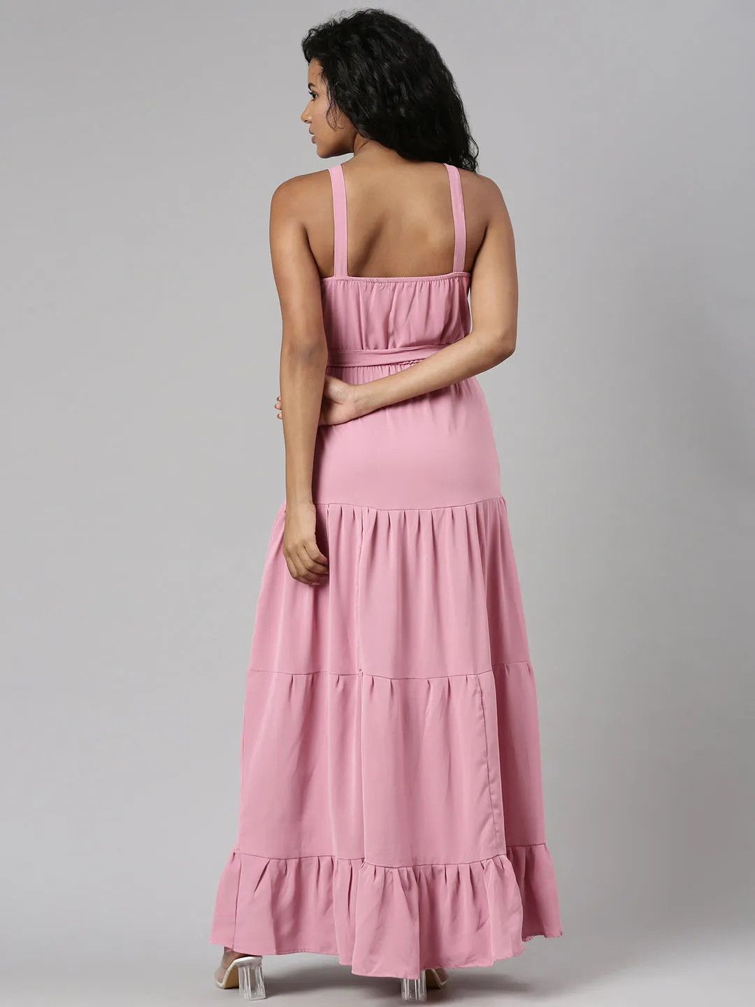 Women Pink Shoulder Straps Tie Up Fit & Flare Maxi Dress