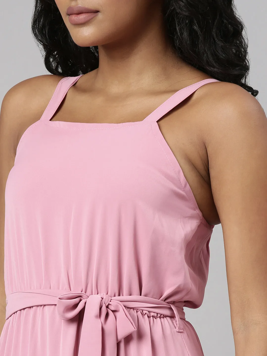 Women Pink Shoulder Straps Tie Up Fit & Flare Maxi Dress