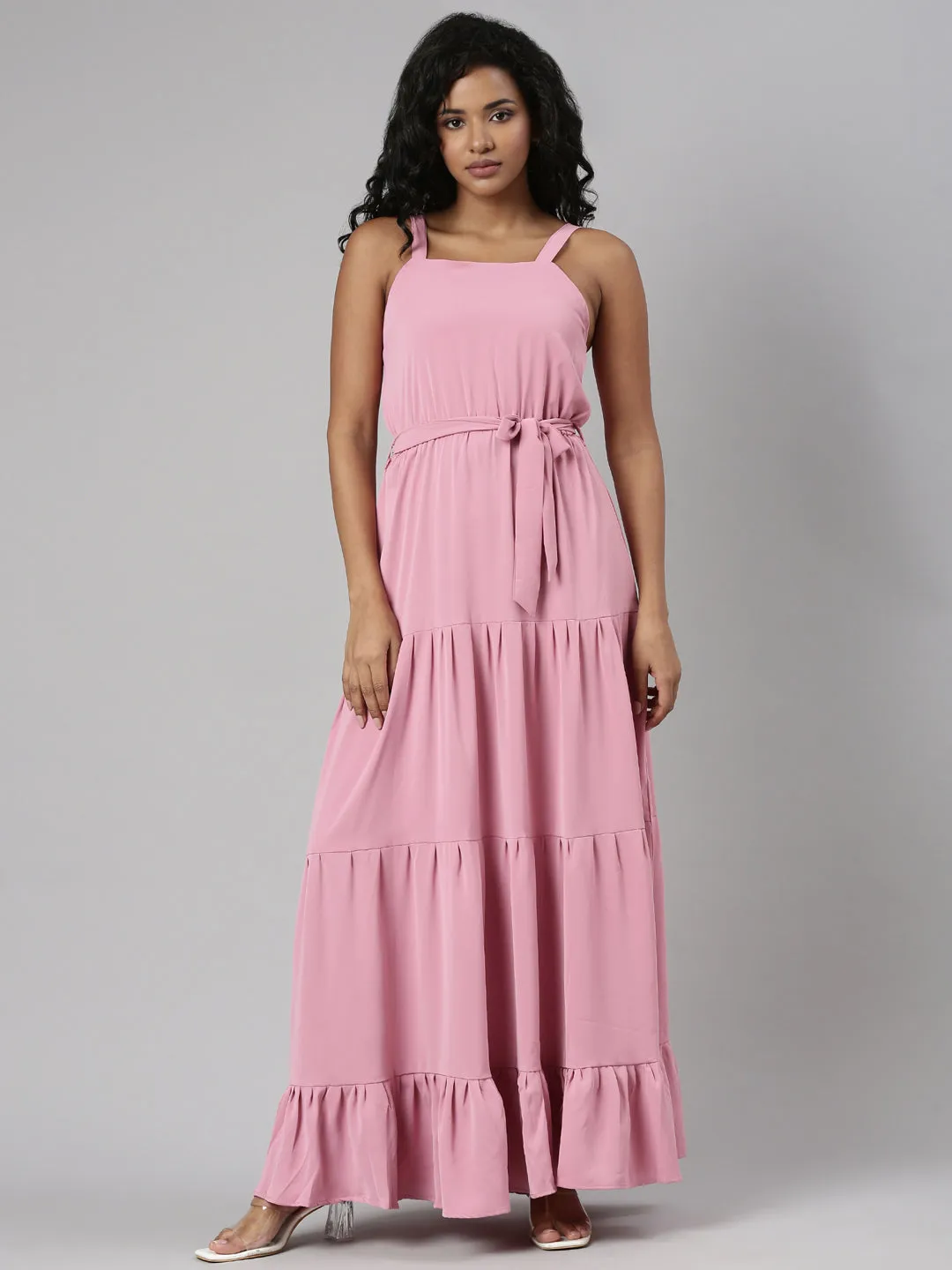 Women Pink Shoulder Straps Tie Up Fit & Flare Maxi Dress