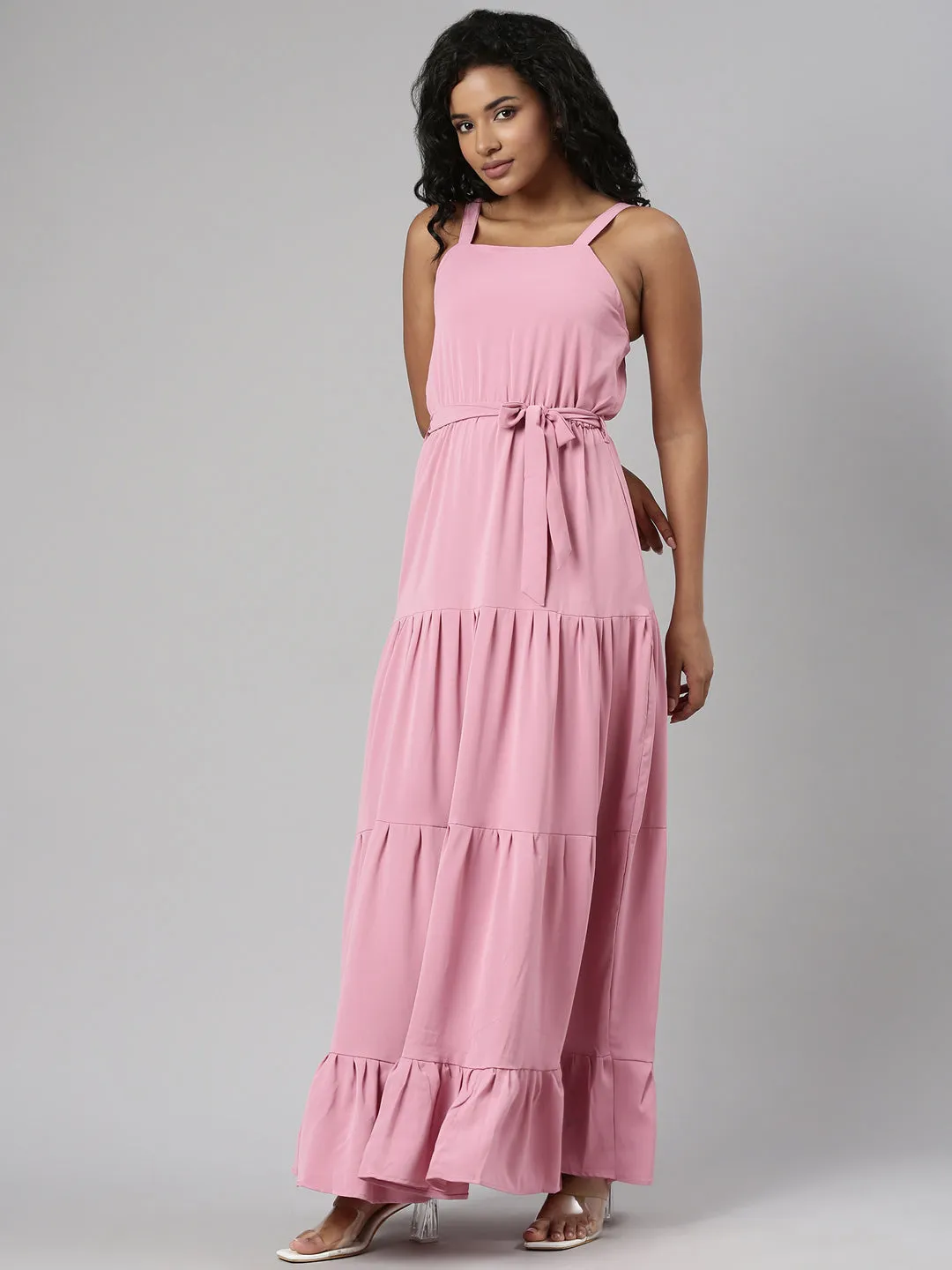 Women Pink Shoulder Straps Tie Up Fit & Flare Maxi Dress
